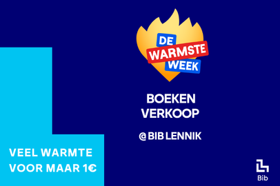 Affiche voor boekenverkoop t.v.v. De Warmste Week bij Bib Lennik, met tekst en logo's op blauwe achtergrond. (vergroot foto)