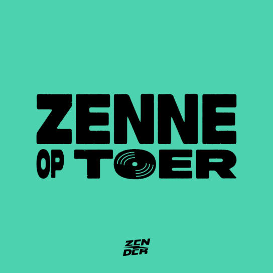 Tekstlogo "ZENNE OP TOER" met een plaatje van een vinylplaat in de letter O, op een groene achtergrond. (vergroot foto)