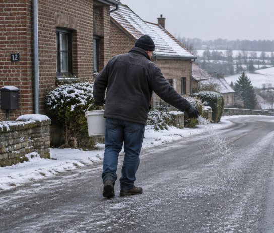 Man strooit zout op een besneeuwde straat in een dorp met bakstenen huizen. (vergroot foto)